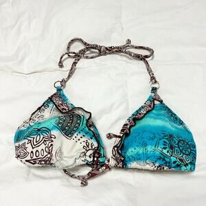 Split Reversible Triangle Bikini Top Boho Paisley Blue Brown Size Large EUC